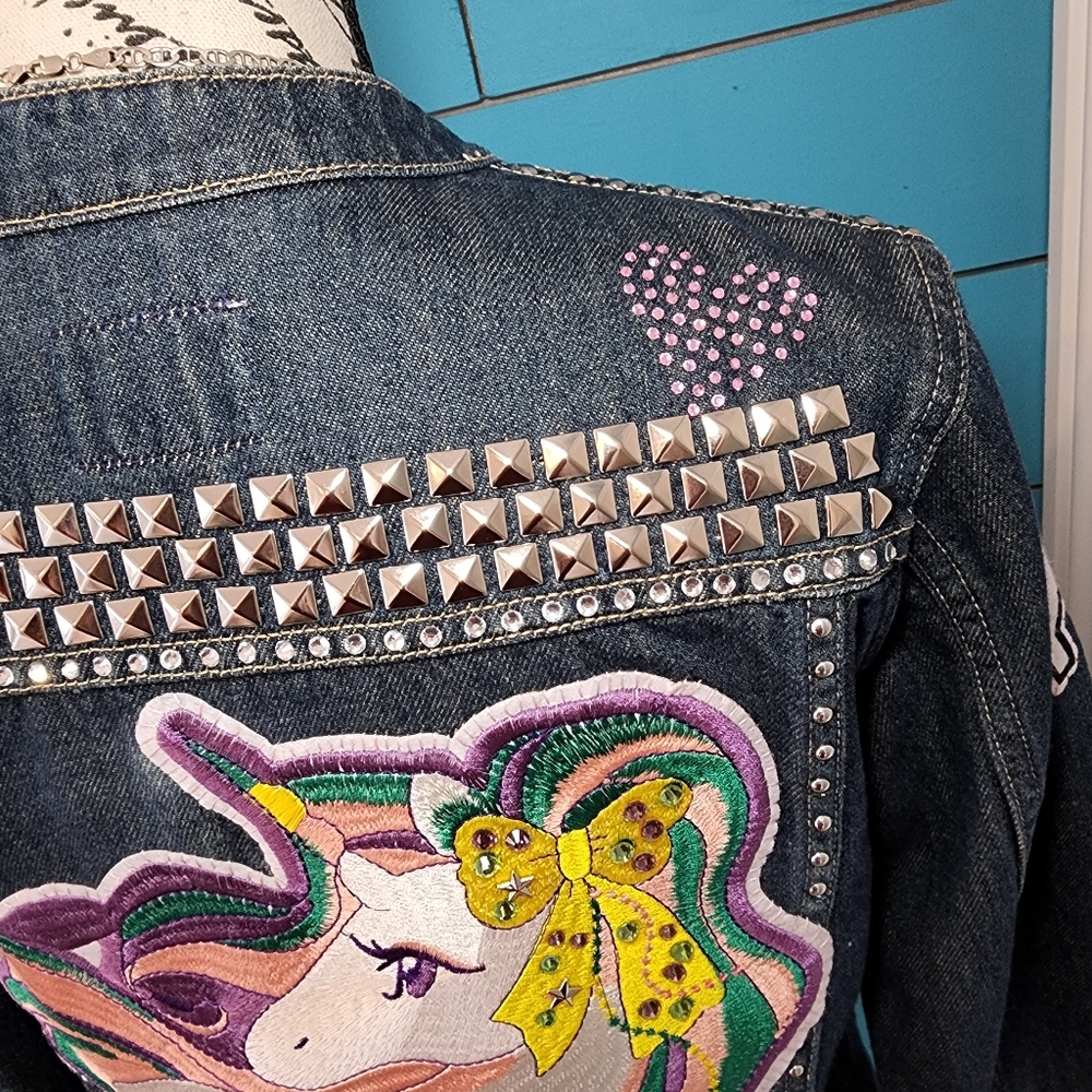 Upcycled Unicorn Patch Jean Jacket Studs Rhinston… - image 6
